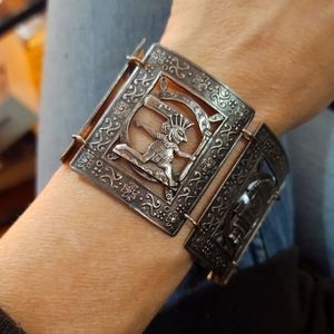 Antique Peruvian Mendocino Designer Wide Sterling Silver Panel Bracelet